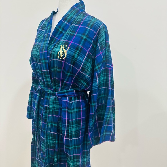 Victoria's Secret Short Flannel Robe Kimono Cotton Modal Plaid Blue Green M/L‎ - Picture 2 of 8